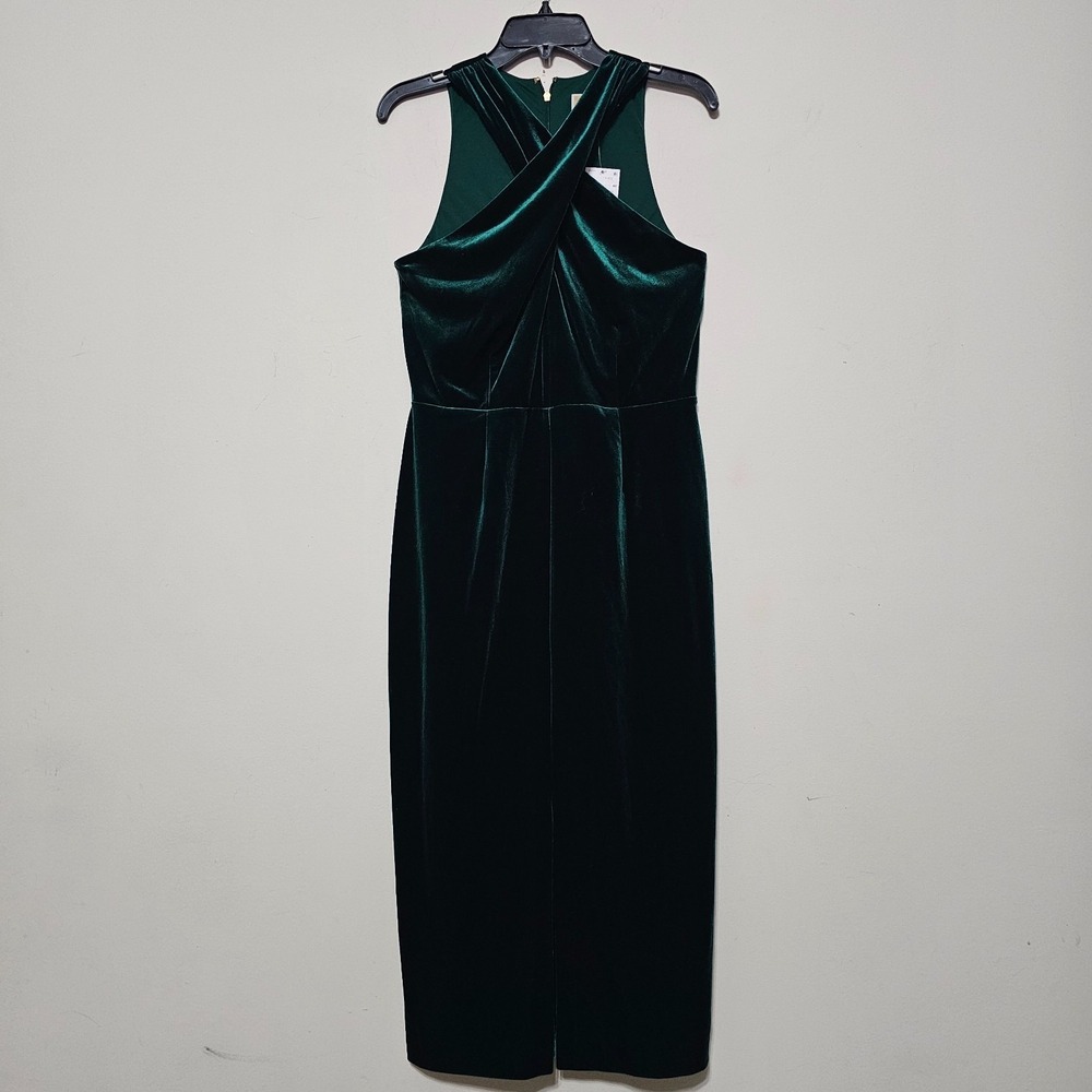 Michael Kors Dress Medium Green Midi Sleeveless Sheath Halter Front‎ Slit 1067